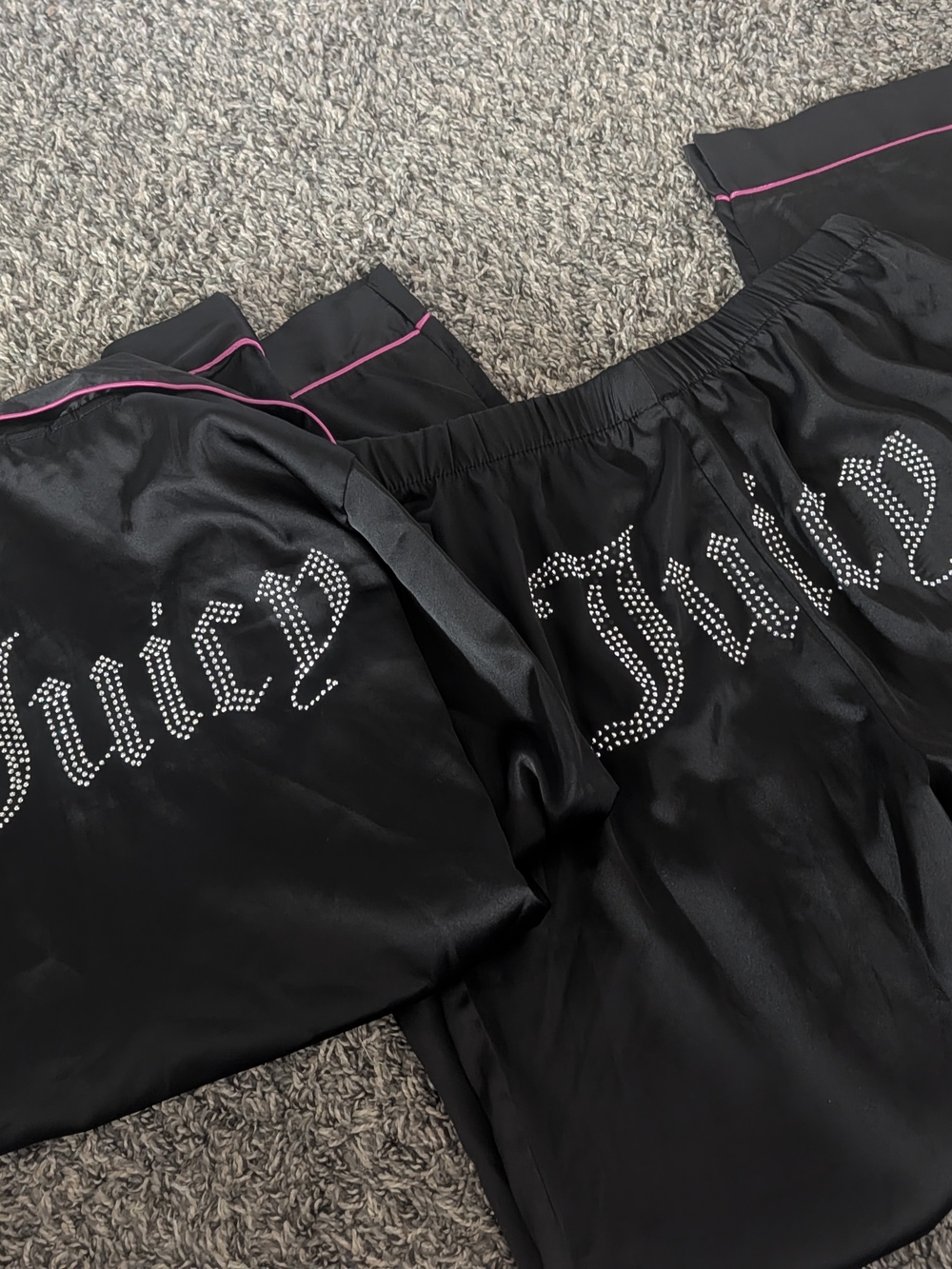 Juicy Couture Black Rhinestone Velour Track Set with Pink Trim